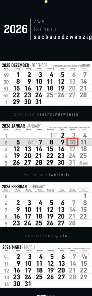 Alpha Edition 4-Monatskalender Black 2026 - Wandkalender 33×100 cm mit 4 Monaten im Überblick & Datumsschieber, faltbarer Büro- & Planungskalend...