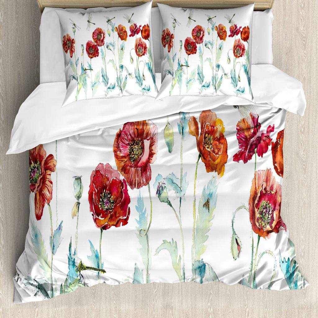 ABAKUHAUS Blumen Insekten Bettbezug Set für Einzelbetten, Aquarell Mohnblumen, Milbensicher Allergiker geeignet mit Kissenbezug, 155 cm x 220 cm -...