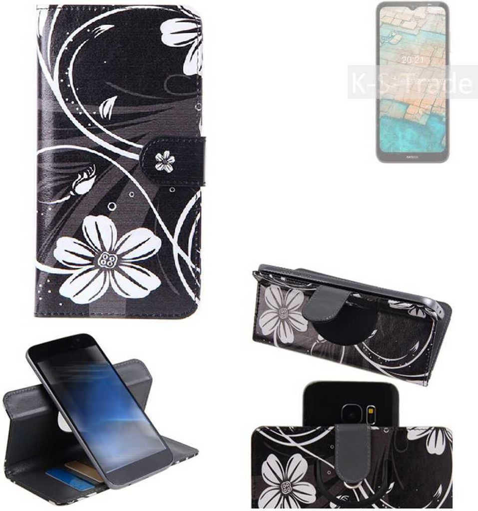 K-S-Trade Schutzhülle Handyhülle kompatibel mit Nokia C20 Hülle 360° Wallet Case ''Flowers'' Klapphülle Hülle schwarz-weiß 1x
