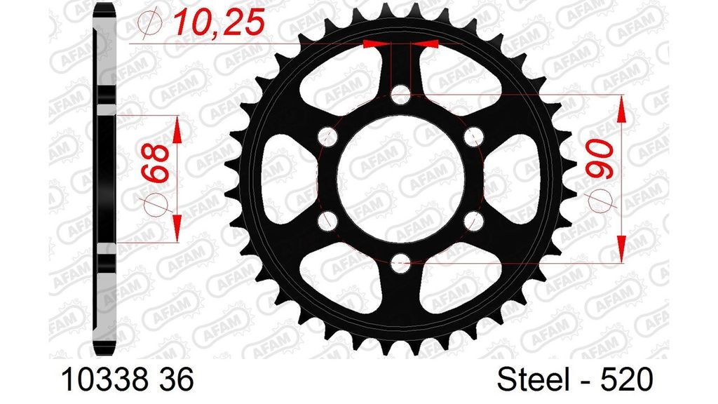 Stahl-Kettenrad AFAM 520 - 36Z (Schwarz) 10338-36| ID 68 LK 90 6-Loch