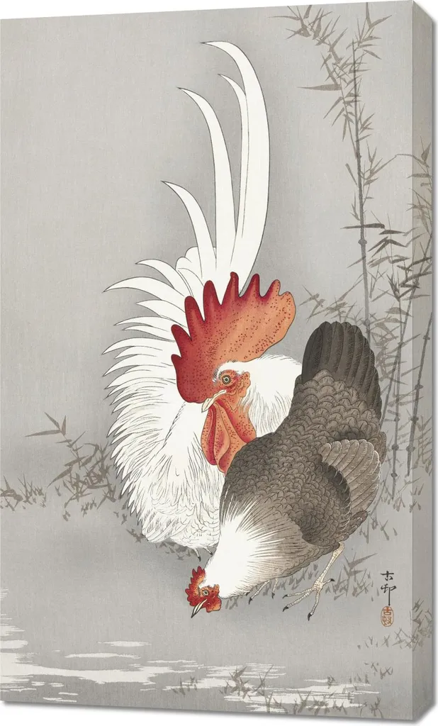 Tableau Japonais Ohara Koson 60x100 cm Coq et Poule Style Vintage