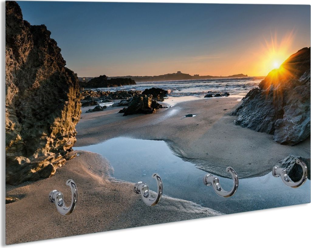 Wallario Handtuchhalter aus Glas, Motiv: Sonnenuntergang hinter einem Felsen am Strand, 30 x 20 cm mit 4 Haken