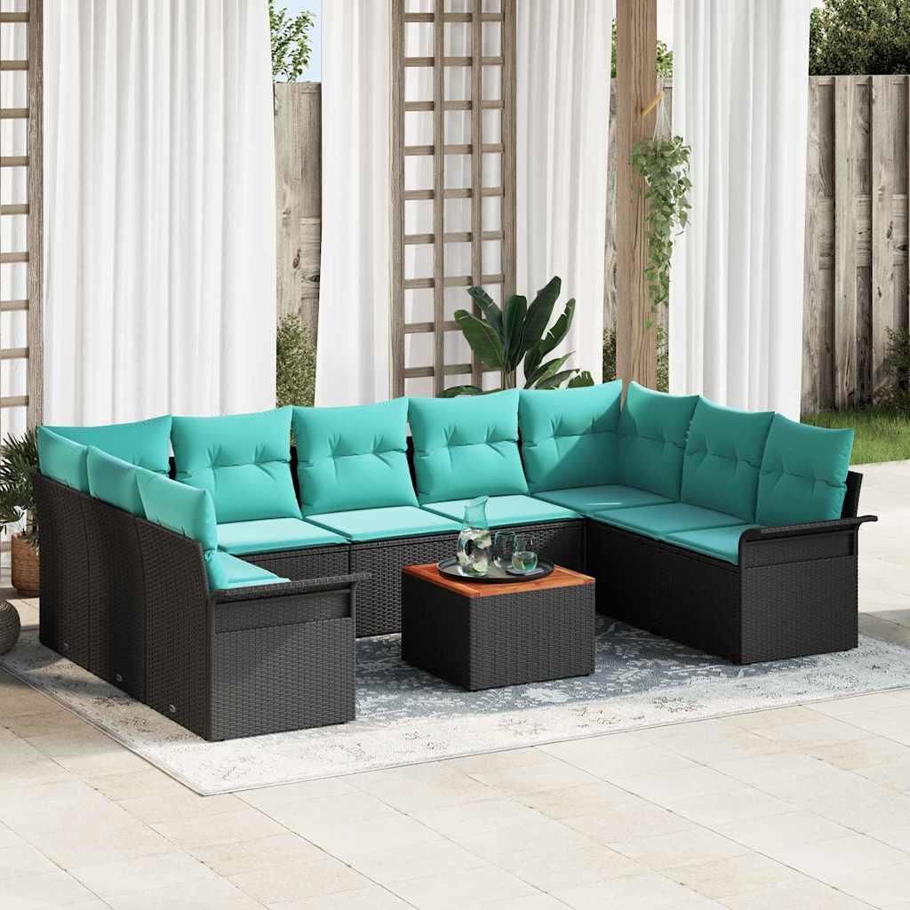 Gartensofa-set 10 pcs Schwarz und Türkis Poly-Rattan - Gartensofas DE195