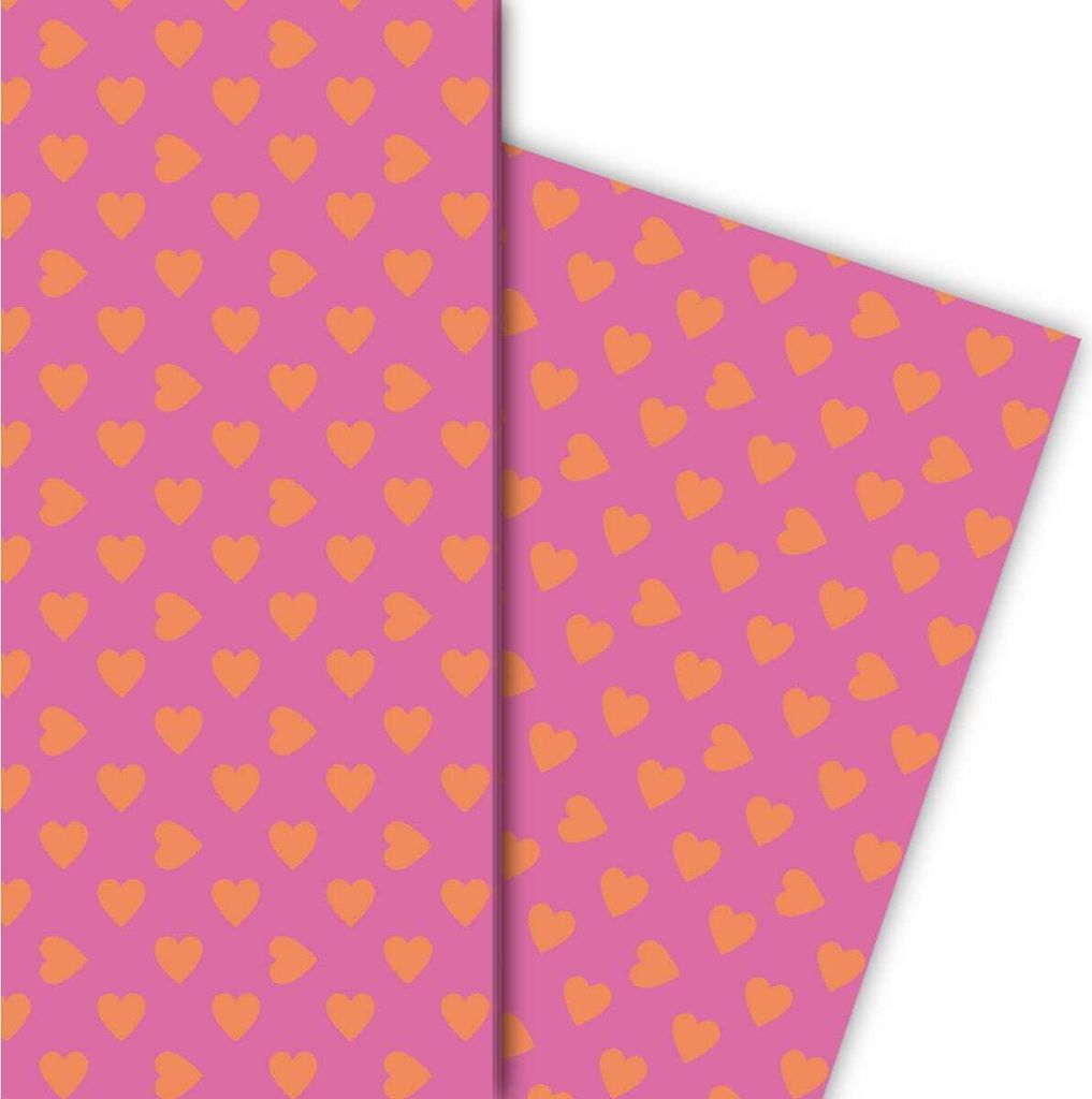 Romantisches Geschenkpapier mit großen Herzen orange auf rosa - G5389, 32 x 48cm