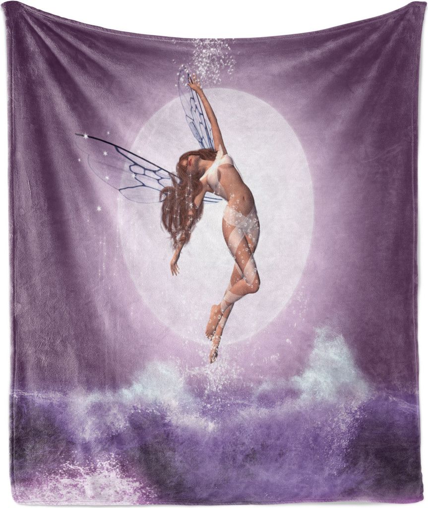 ABAKUHAUS Fantasie Weich Flanell Fleece Decke, Abstrakte Digital-Kunst einer Fee Dame auf lila getönten Wellen und Mond, 175 x 230 cm, Aubergine Q...