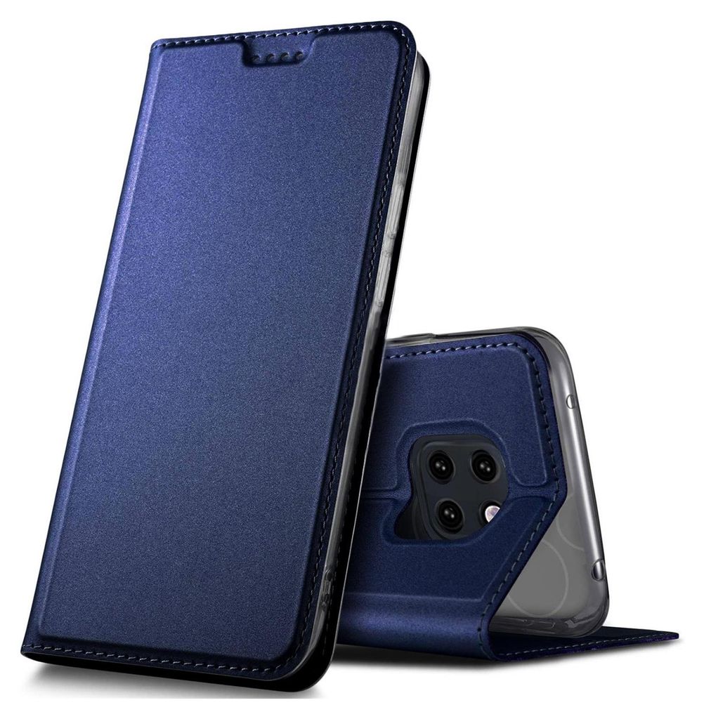 A blue flip case for a Huawei Mate 20 Pro phone is shown, with the phone inserted into the case.
