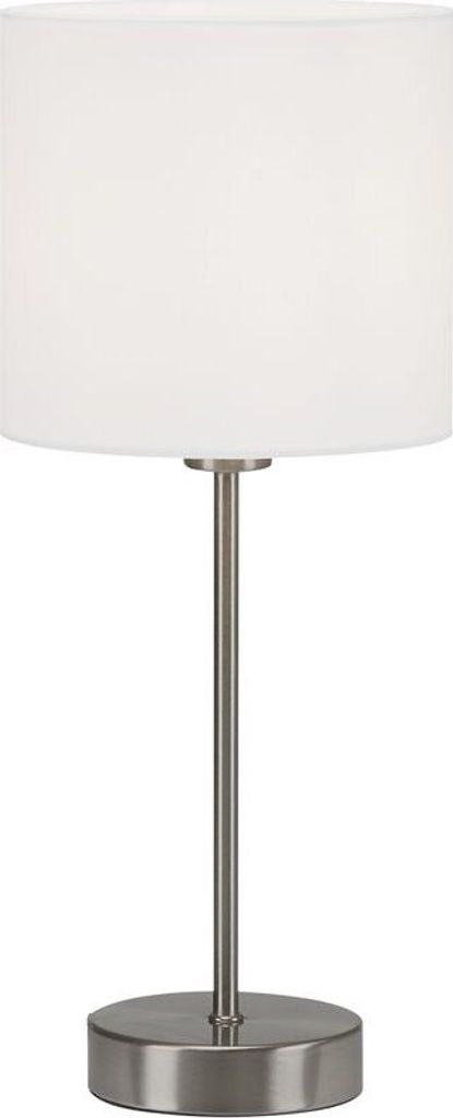 A white fabric lampshade on a brushed metal stand and base, isolated on a white background.