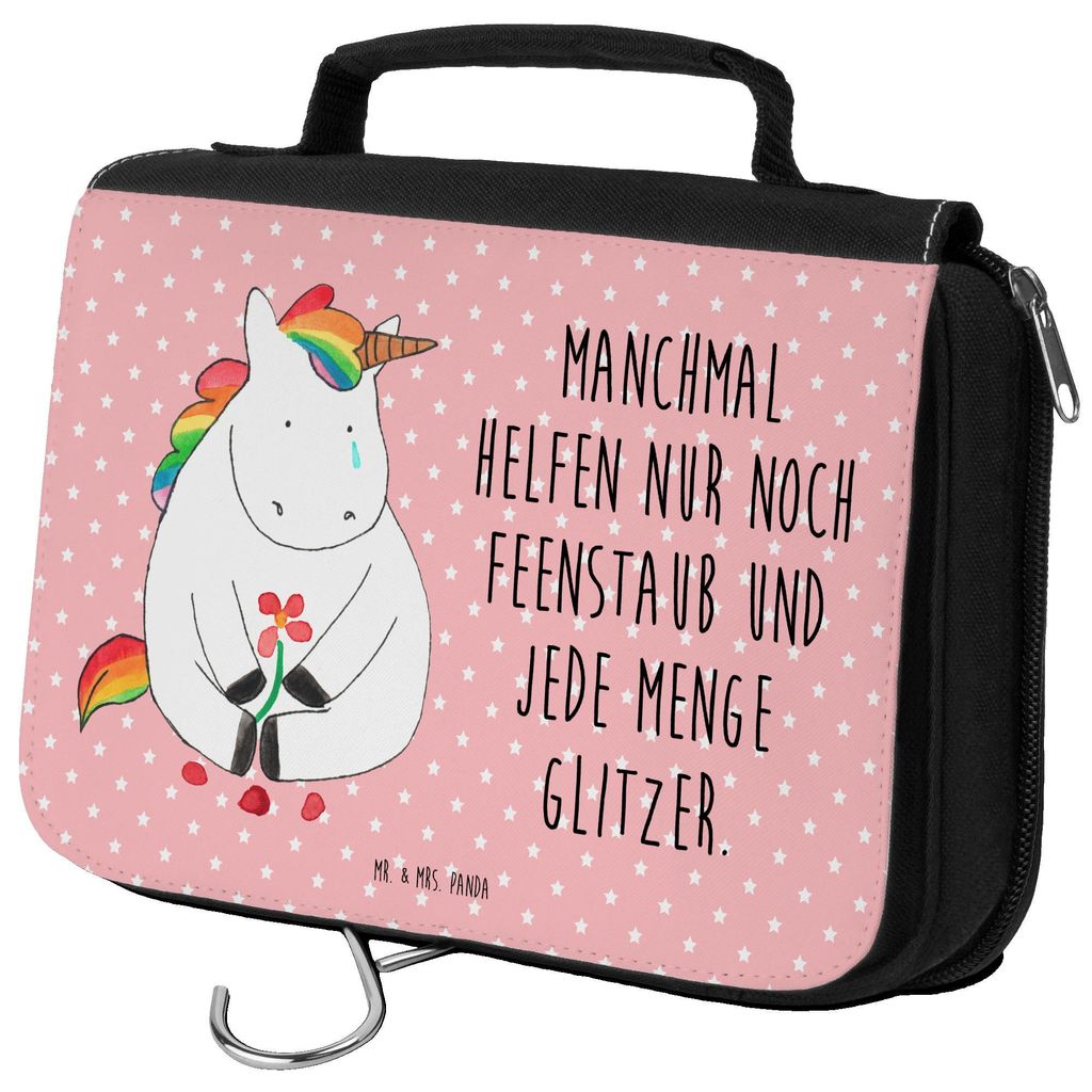 Mr. & Mrs. Panda Kosmetiktasche Einhorn Traurig - Rot Pastell - Geschenk, Trauer, kosmetiktäschchen, Blume, beauty case, Kulturbeutel, badtasche, ...