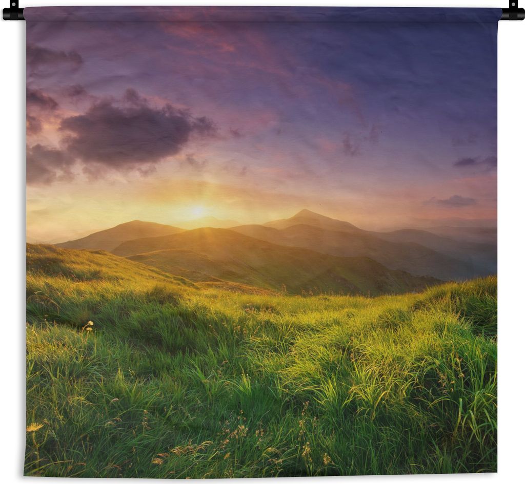 MuchoWow Wandteppich Wandbehang Berge - Sonne - Natur 120x120 cm Tapisserie Dekoration Wandtuch - Modern - Baumwollgewebe