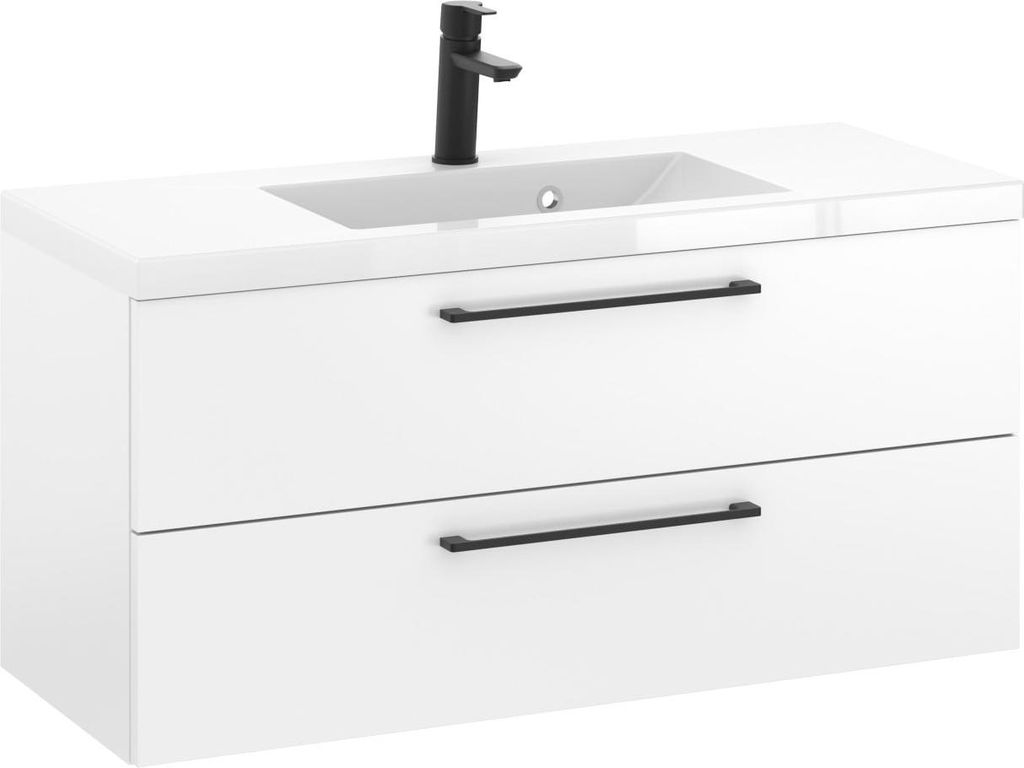 Rosen 100 cm Badezimmerschrank in Weiß Hochglanz mit Waschbecken und Schwarzen matten Griffen - Zeitloses Design