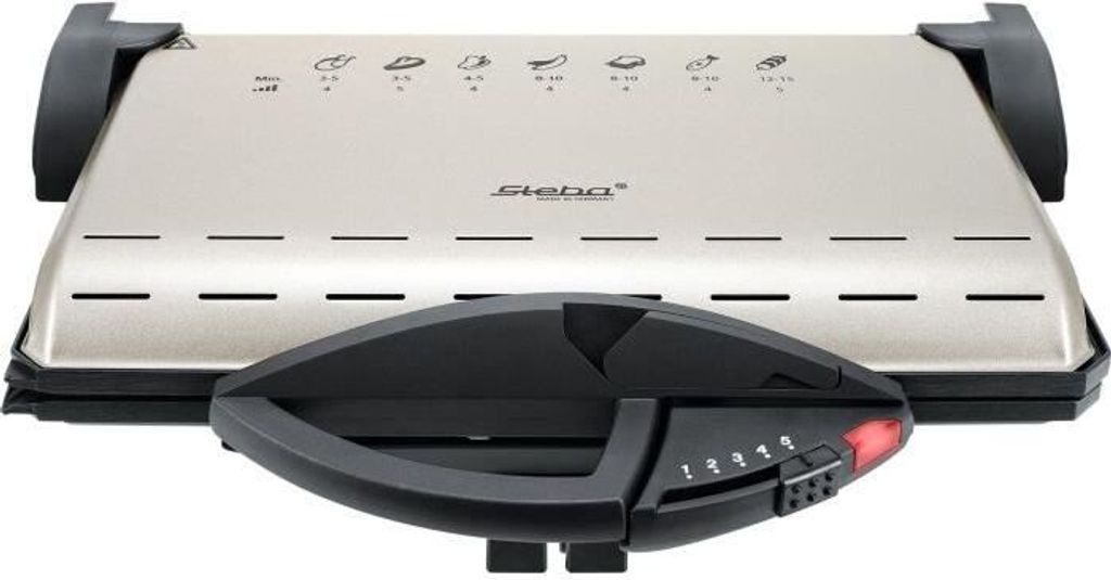 A silver and black electric grill is shown from a front-facing, slightly elevated angle against a white background.