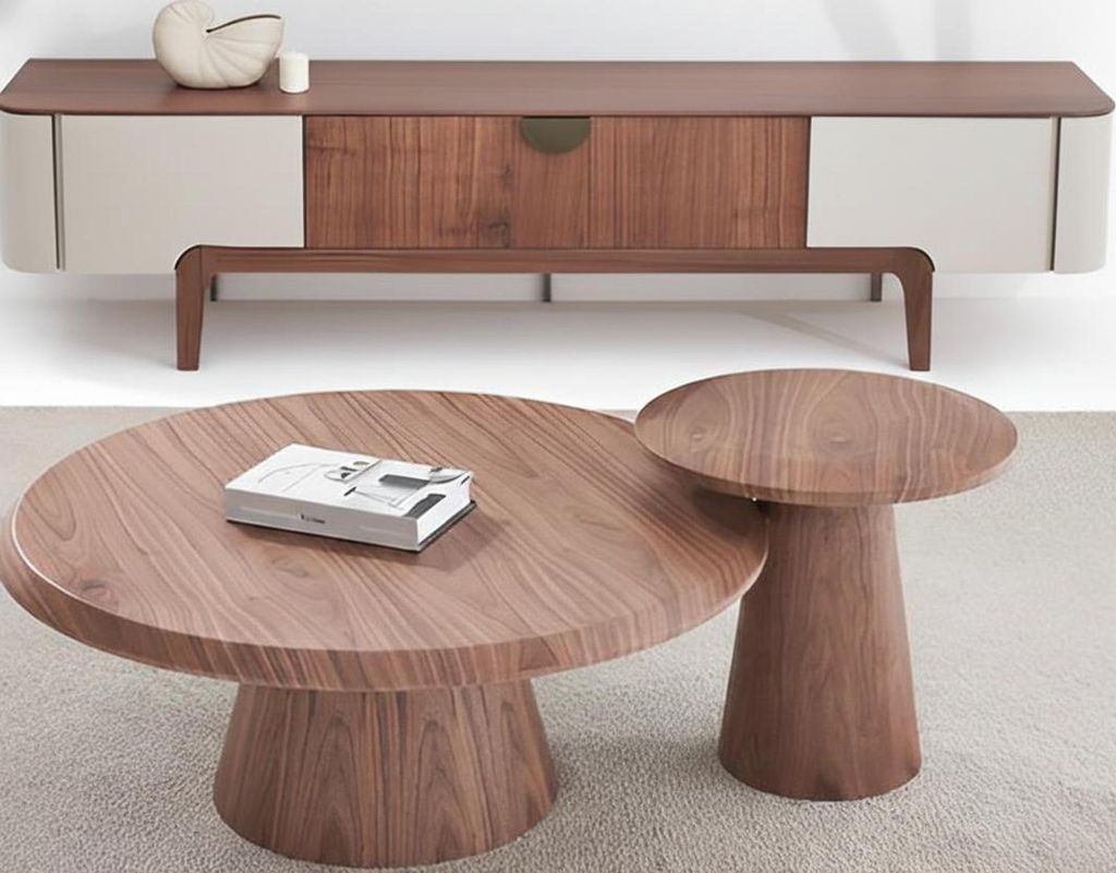 Modernes Wohnzimmer-Set brauner Sideboard runder Couchtisch Beistelltisch