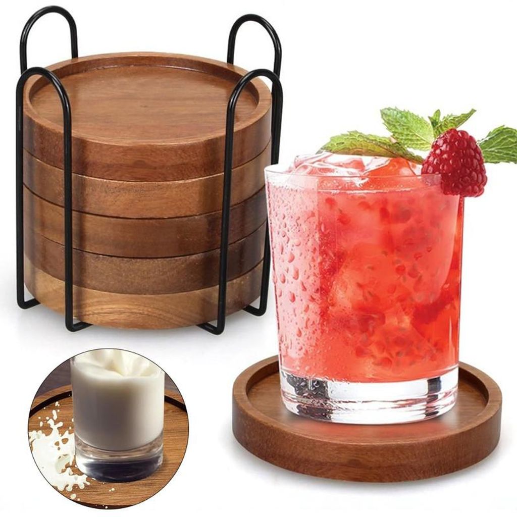 Holz Untersetzer Set Akazienholz 6 Stück 10 cm Mit Metallhalter Rutschfest Hitzeschutz Für Kaffee Tee Zuhause Büro