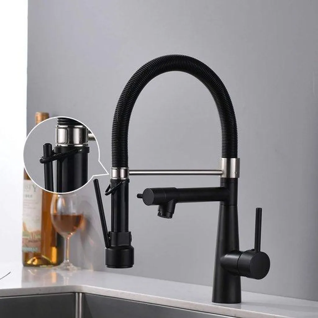 Mitigeur de cuisine noir extensible haute pression avec bec rotatif 360°