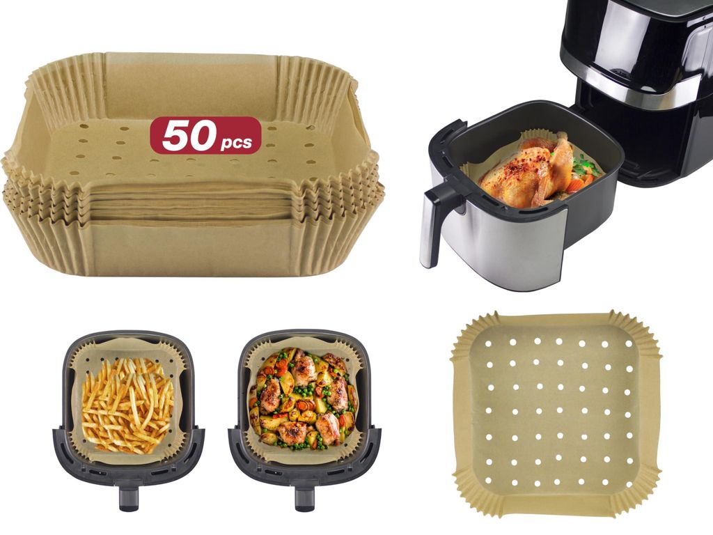 C103ACC003 Backpapier für Heißluftfritteusen, 50er-Set, 20 x 20 cm, quadratisch, antihaftbeschichtet und biologisch abbaubar