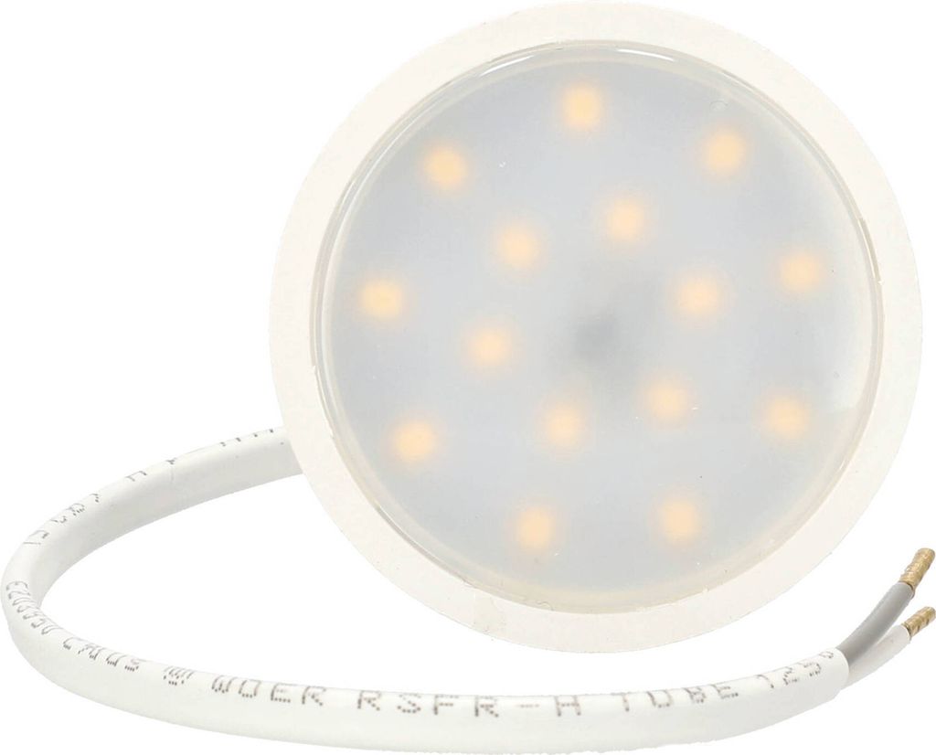 A close-up, studio shot of a round LED light fixture with a white casing and a translucent diffuser, showing multiple small yellow LED lights within. A white cable with exposed wire ends extends from the fixture.