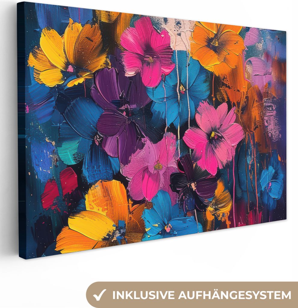MuchoWow - Leinwandbilder - Blumen - Bunt - Abstrakt - Modern, Wandbild, Wanddeko Bilder Wohnzimmer, 60x40 cm