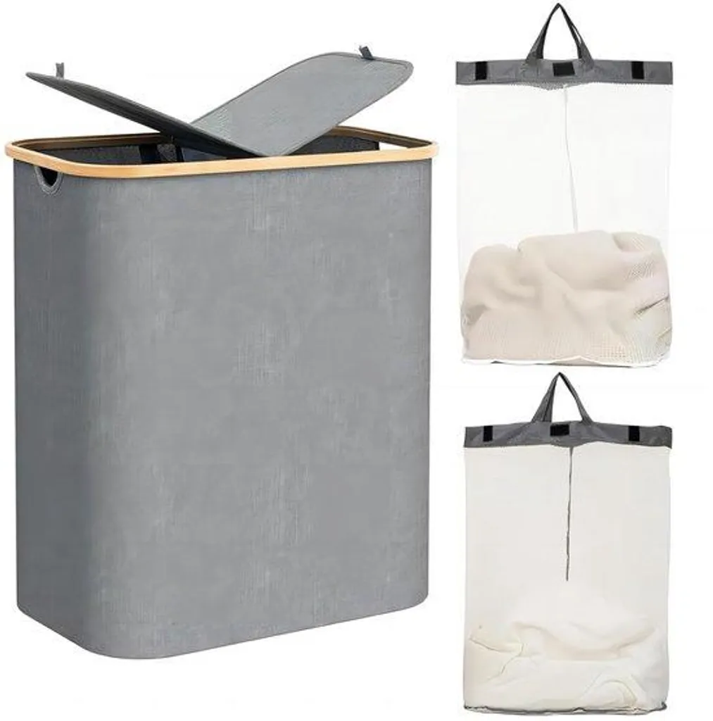 Panier à linge gris 57x37x70 cm avec couvercle et 2 sacs amovibles