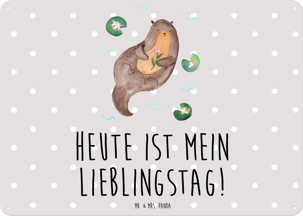 Mr. & Mrs. Panda Retro Blechschild Otter Seerose DIN A3 - Grau Pastell - Geschenk, Seeotter, Wandbild, Wasser, Fluss, tafel, Türschild, Blechtafel...