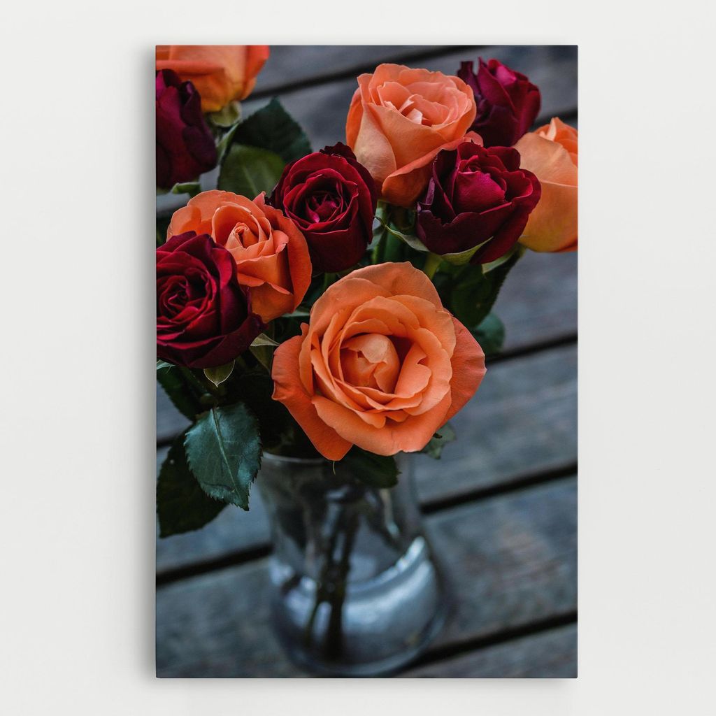 ARTHUB Leinwandbild 50x70 cm, Red Orange Roses Bouquet | Wohnzimmerdekoration, Hängende Bilder, Wanddekoration, Heimdekoration, Blumen, Blumenst...