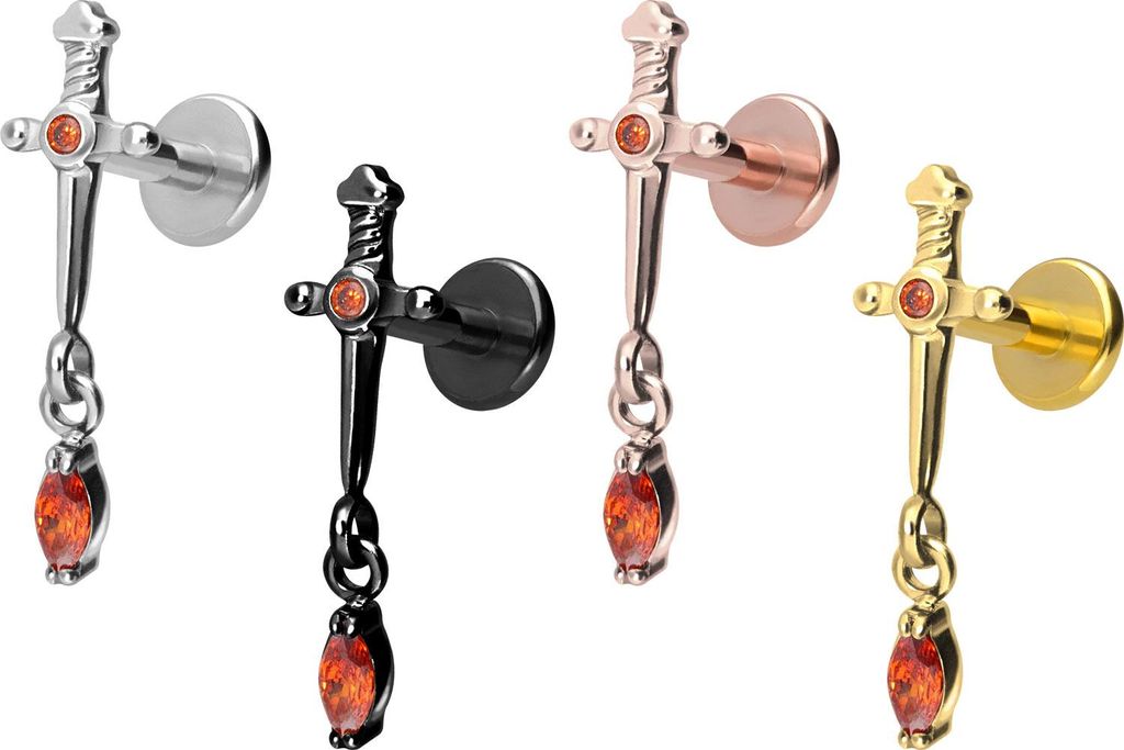 Ohrpiercing, Nasenpiercing Titan Labret mit Innengewinde DOLCH + KRISTALLTROPFEN RoséGold Stablänge: 5mm | Stabstärke: 1,2mm