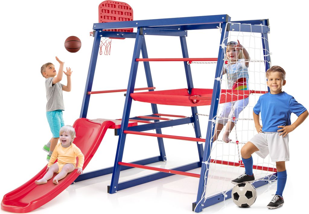 COSTWAY Klettergerüst Outdoor, 7in1 Spielplatz mit Rutsche, Kletter- & Strickleiter, Fußballnetz, Basketballkorb für 3-4 Kinder 150x142x146cm
