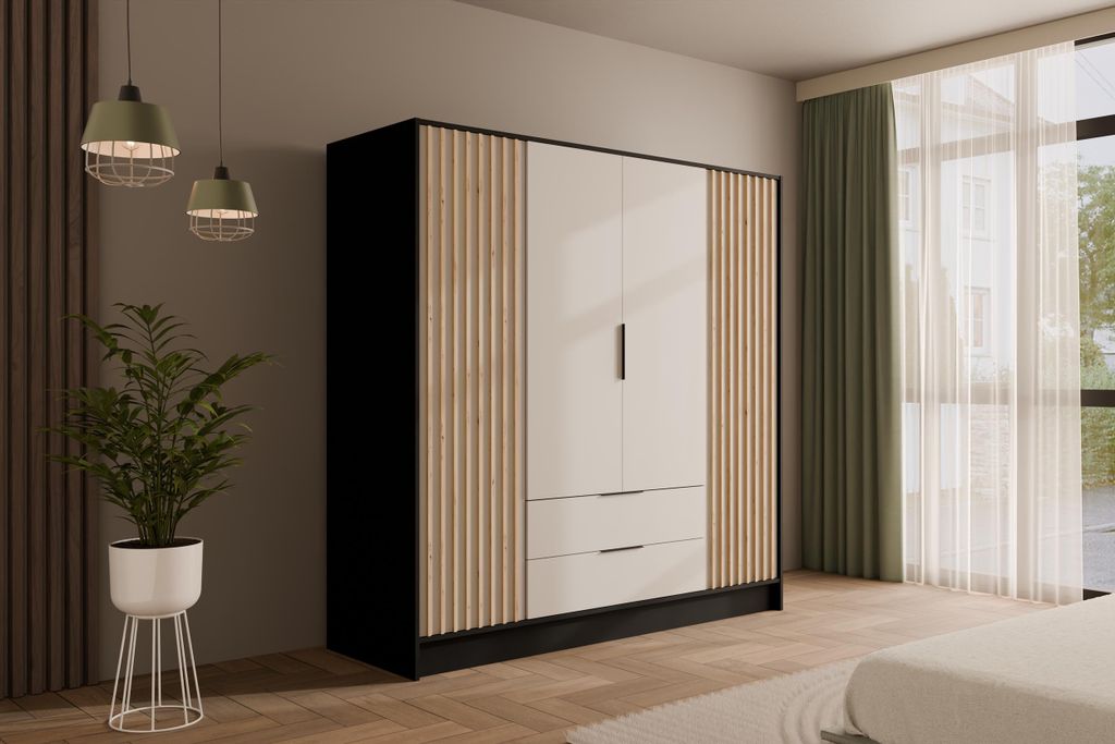 ALTDECOR Kleiderschrank mit selbstschließenden, Lamellentüren, Lamellen, Flügeltüren - NELIA - 200 cm Schwarz / Weiß / Artisan