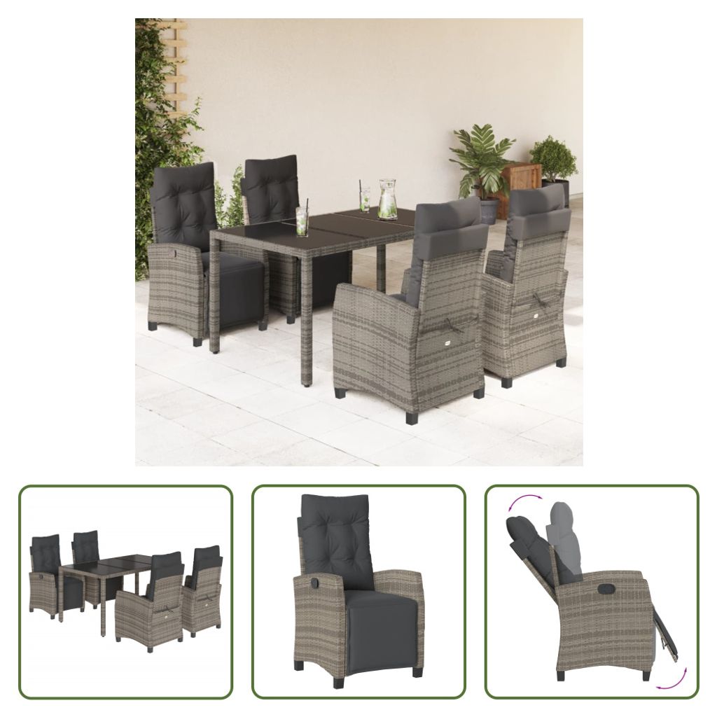 The Living Store 5-tlg. Garten-Essgruppe mit Kissen Grau Poly Rattan