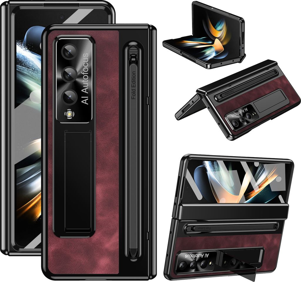 Hülle für Samsung Galaxy Z Fold 4, Metall Objektiv Scharnier Schutz, Vintage Leder Ständer Handyhülle mit S Pen Halter und Displayschutzfolie Rot