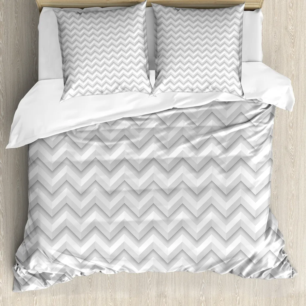 ABAKUHAUS Copripiumino geometrico, motivo a zig zag chevron, antiacaro, adatto a chi soffre di allergie, con federe, 200 cm x 200 cm - 80 x 80 cm, grigio chiaro bianco