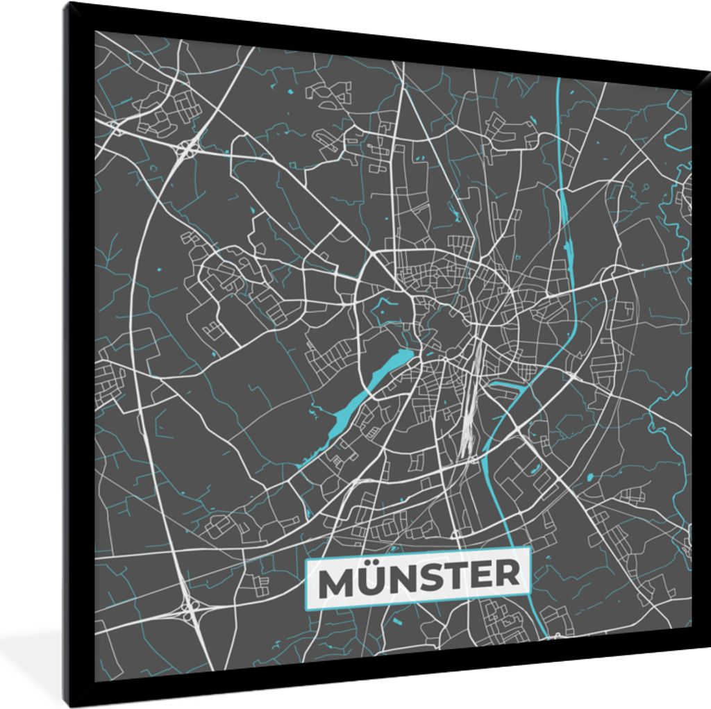 MuchoWow Gerahmtes Poster Stadtplan - Karte - Münster - Blau - Deutschland - Karte 40x40 cm - Poster mit Schwarzem Bilderrahmen Wandposter Rahme...