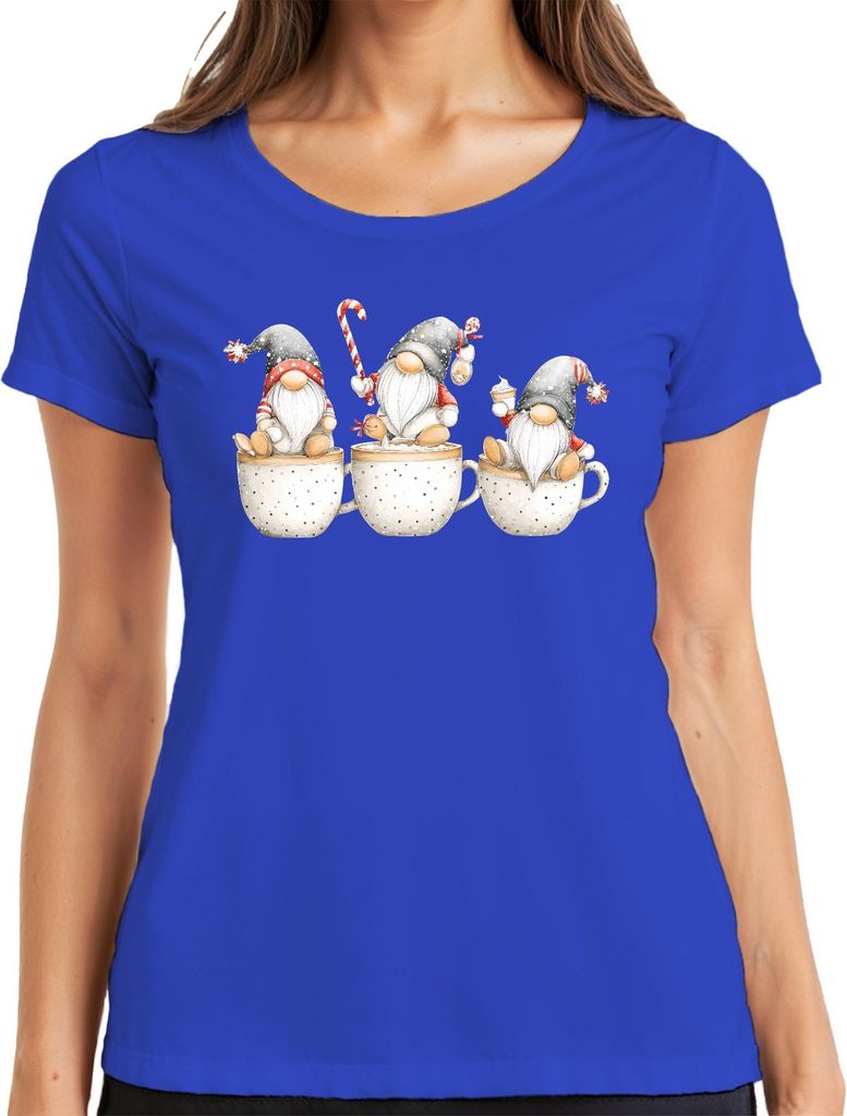 Weihnachtswichtel Becher drei Aquarell niedlich Geschenk Damen T-Shirt, Blau, XL