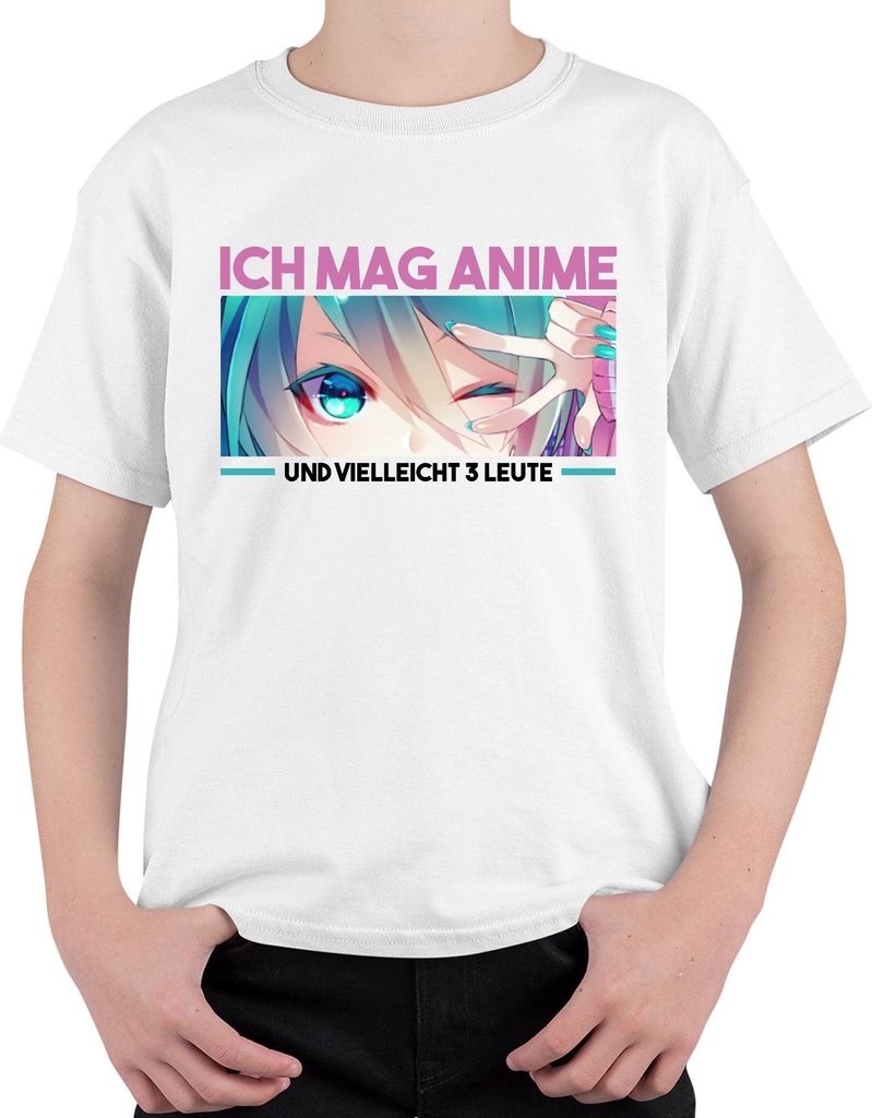 Ich mag Anime und vielleicht 3 Leute Kawaii Otaku Manga Fan Chibi Uni Kinder T-Shirt, Weiß, 104