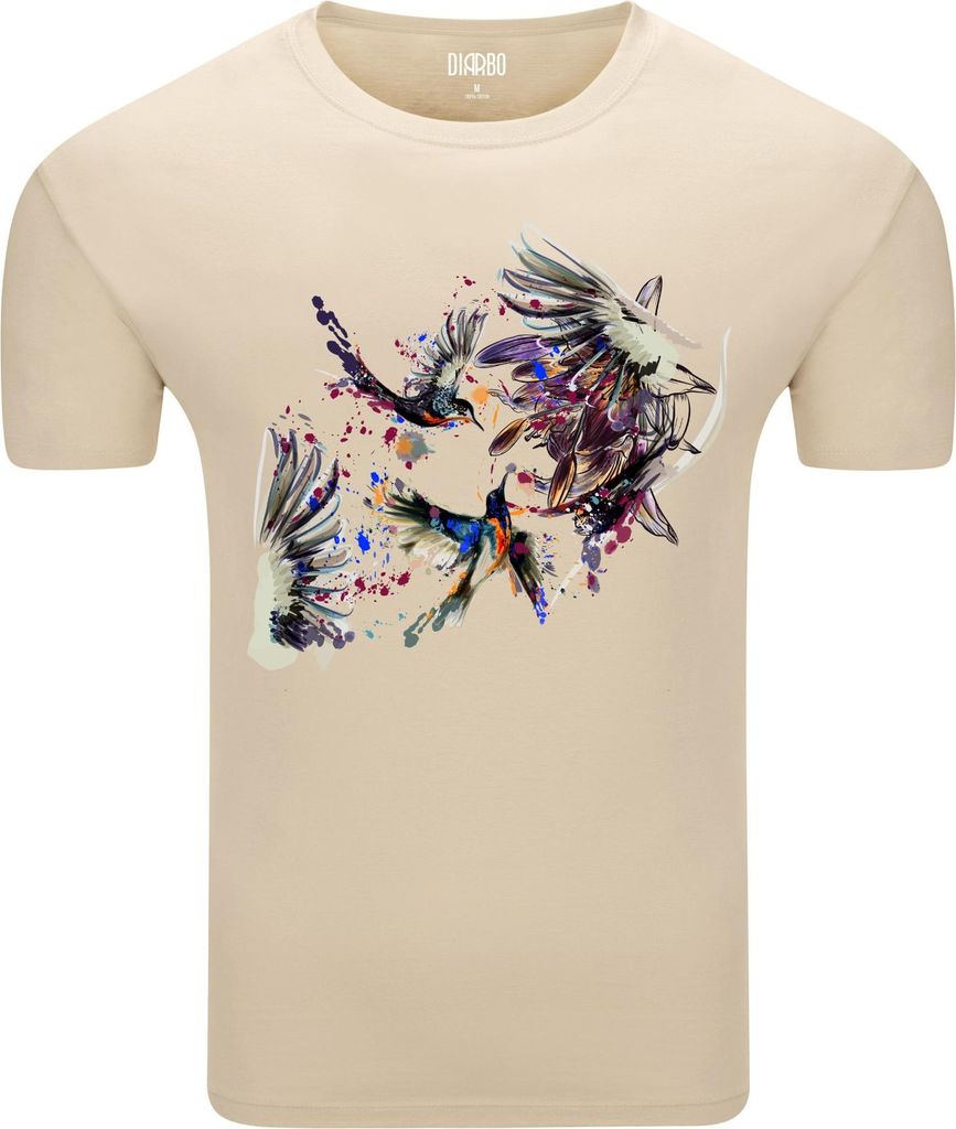 Diarbo Herren T-Shirt mit Abstraktem Druck Vögel mit Blumen Beige Gr.M