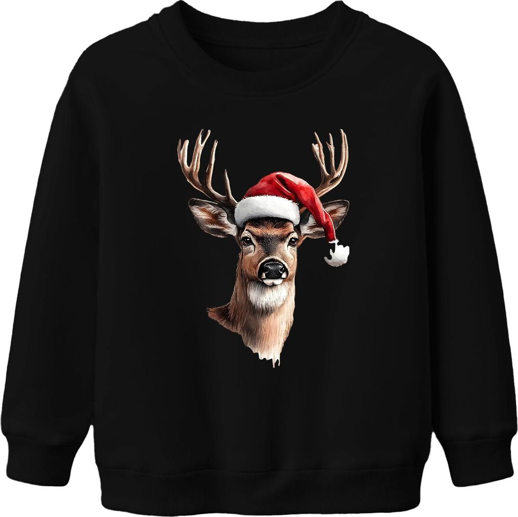 Rentier Hirsch Geweih Santa Hut Weihnachten Geschenk Vintage Uni Kinder Sweatshirt Pullover, Schwarz, 116