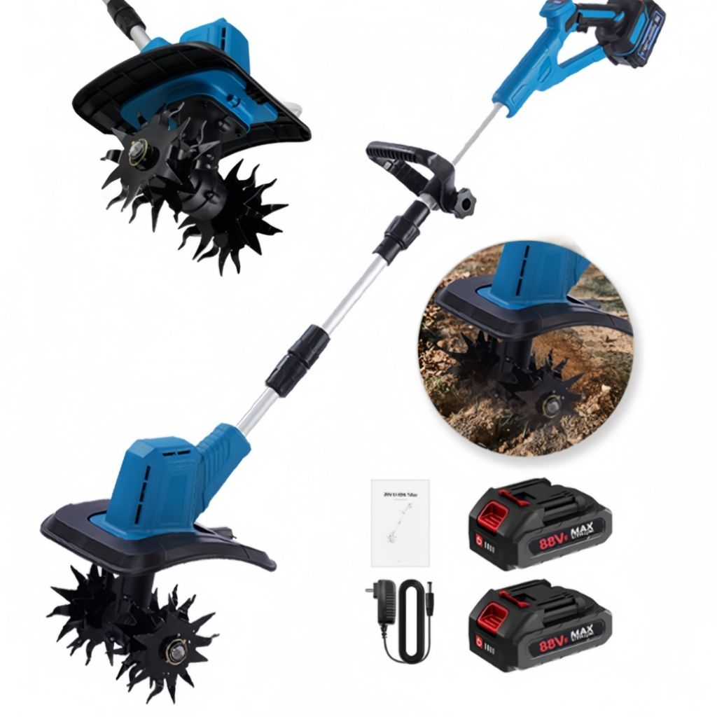 Gartenfräsen,Akku-Bodenfräse,360 U/min elektrischer Gartenfräsen,schnurloser Kultivierer,mit 2 Batterie,Fortschrittliche Digitalanzeige