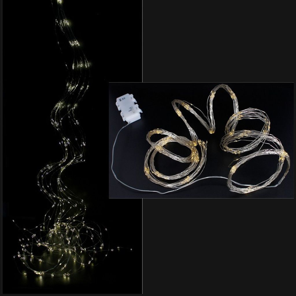 A collage of two images showing a string of LED lights with a battery pack.
