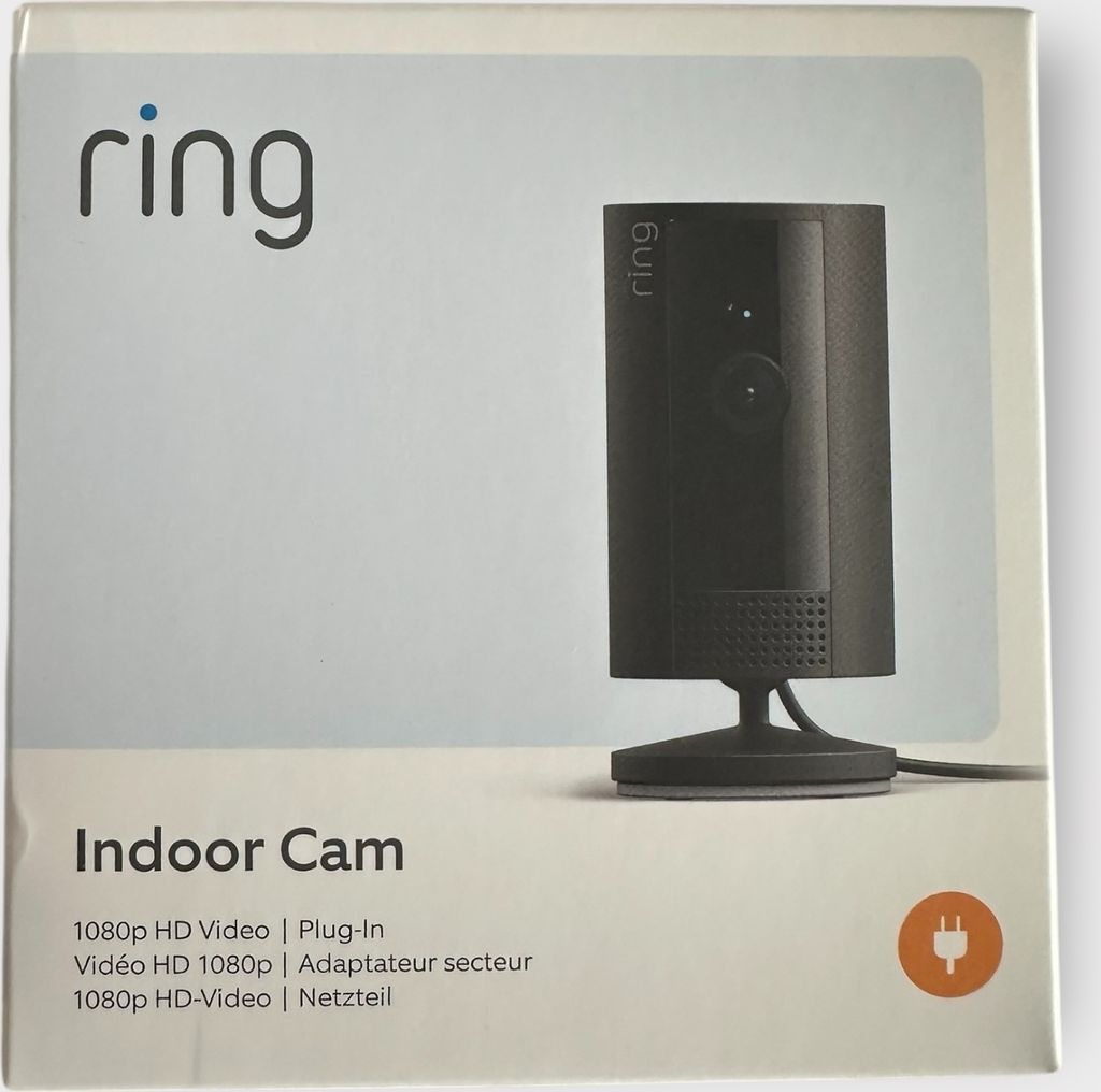 The image shows the packaging of a Ring Indoor Cam.