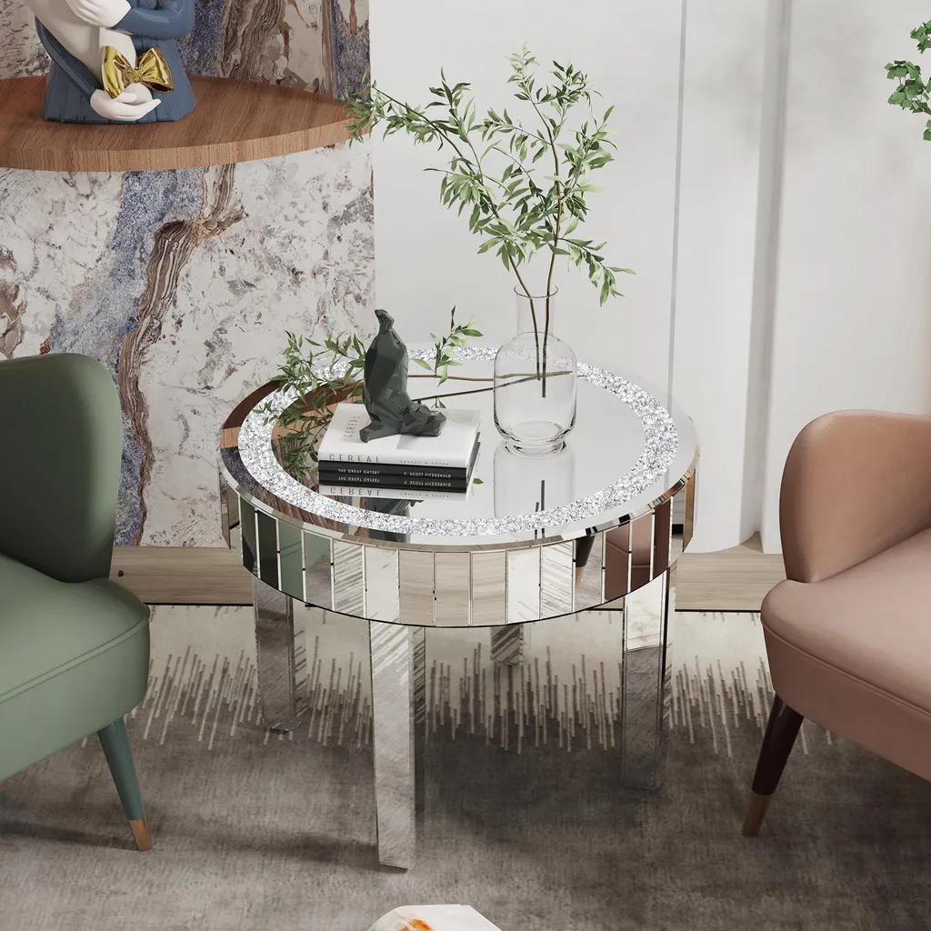 Table basse miroir scintillante Vrygle Ø60 : table basse moderne argent - 4
