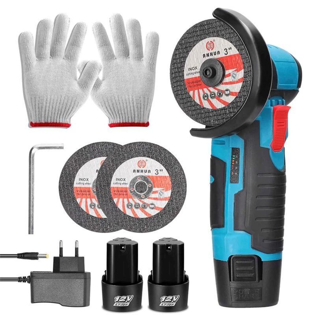 Akku Winkelschleifer - Mini Schleif- und Poliermaschine 12 V - 19500 U/min - Wiederaufladbar - 2 Akkus - EU‐Stecker