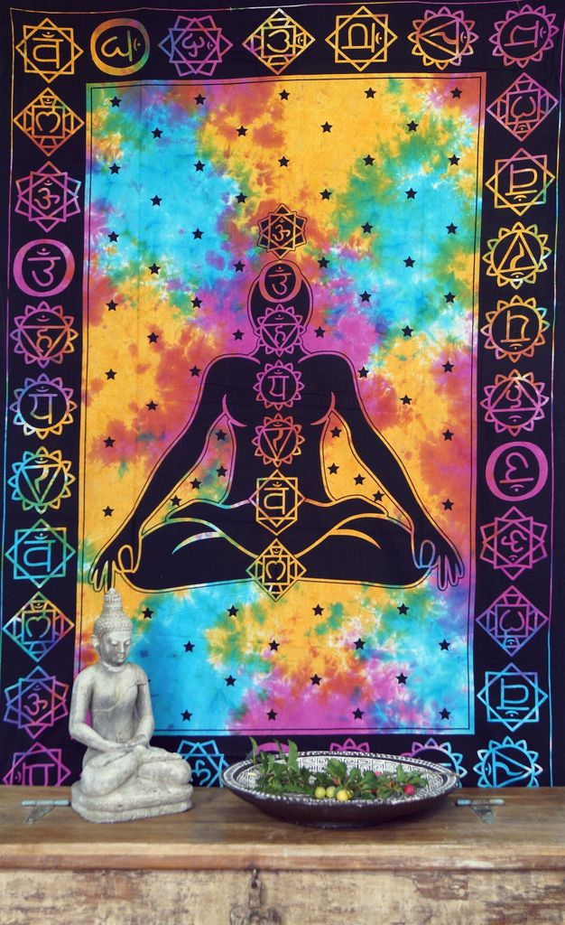 Boho Style Wandbehang, Indische Tagesdecke - Chakra Jogi Buddha / Regenbogen, Mehrfarbig, Baumwolle, 190*140*0,2 cm, Bettüberwurf, Sofa Überwurf