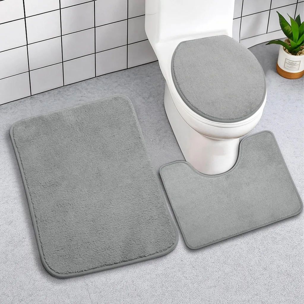 Tapis de bain anti-glisse gris - Set de 3 pièces lavables pour WC et douche