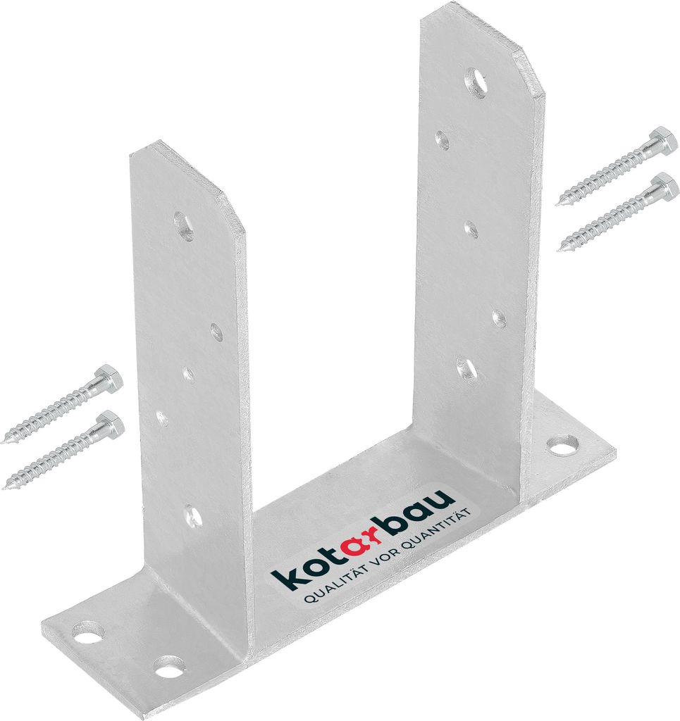 A metal U-shaped post bracket with two screws on a white background.
