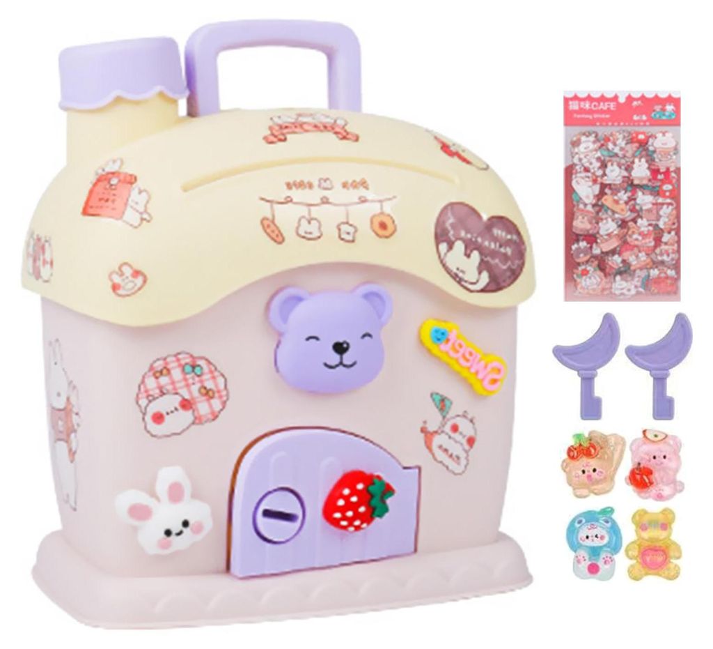Kinder-Sparschwein, niedliches Sparschwein für Mädchen, Wunsch-Sparschwein mit Schlüssel, Teddybärhaus