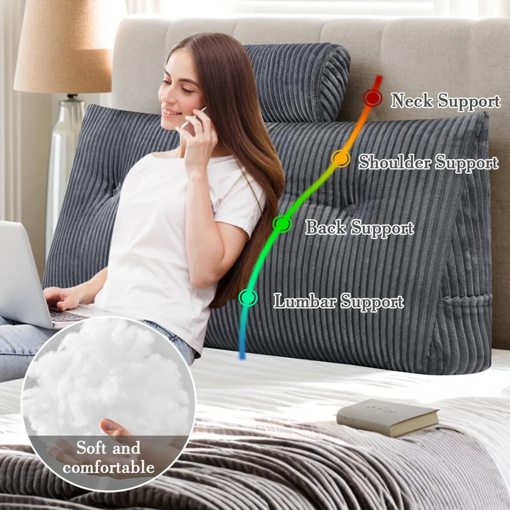 Coussin cunéiforme tête de lit gris 150 cm - Oreiller dossier lecture