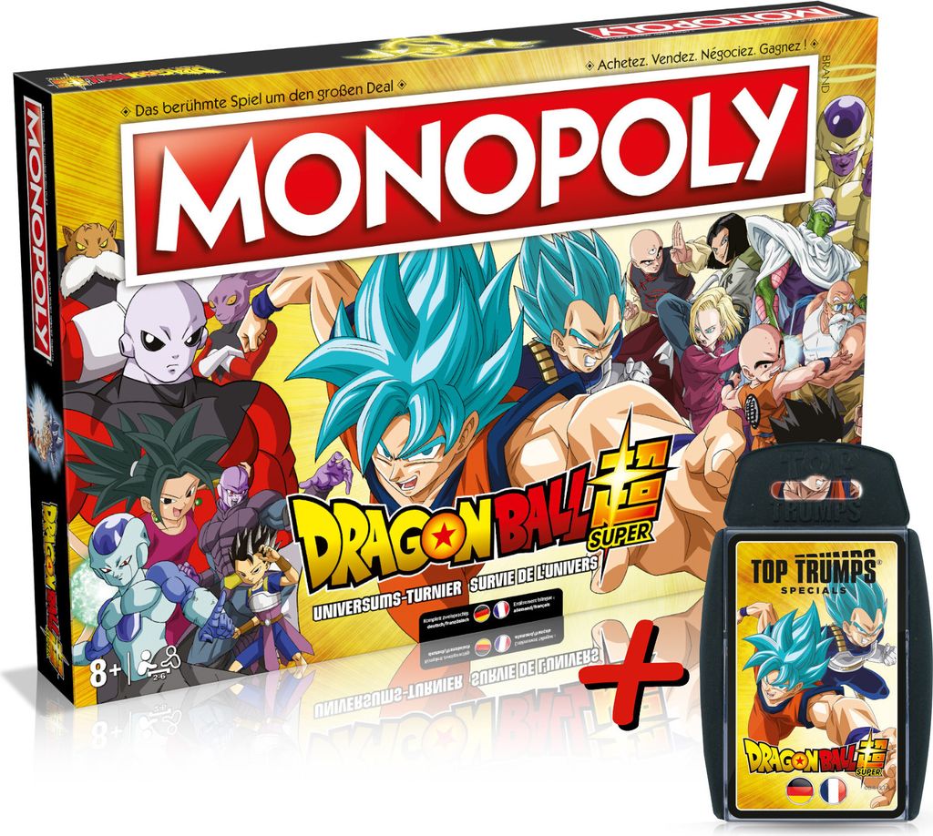 A product shot of a Monopoly Dragon Ball Super board game box and a Top Trumps card game.