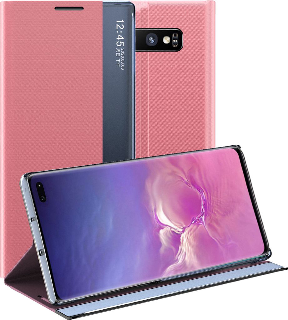Galaxy S10 Plus Hülle, LaimTop Slim Flip Leder Smart View Window Klappetui Schutzhülle mit Standfunktion für Samsung Galaxy S10 Plus Rosa