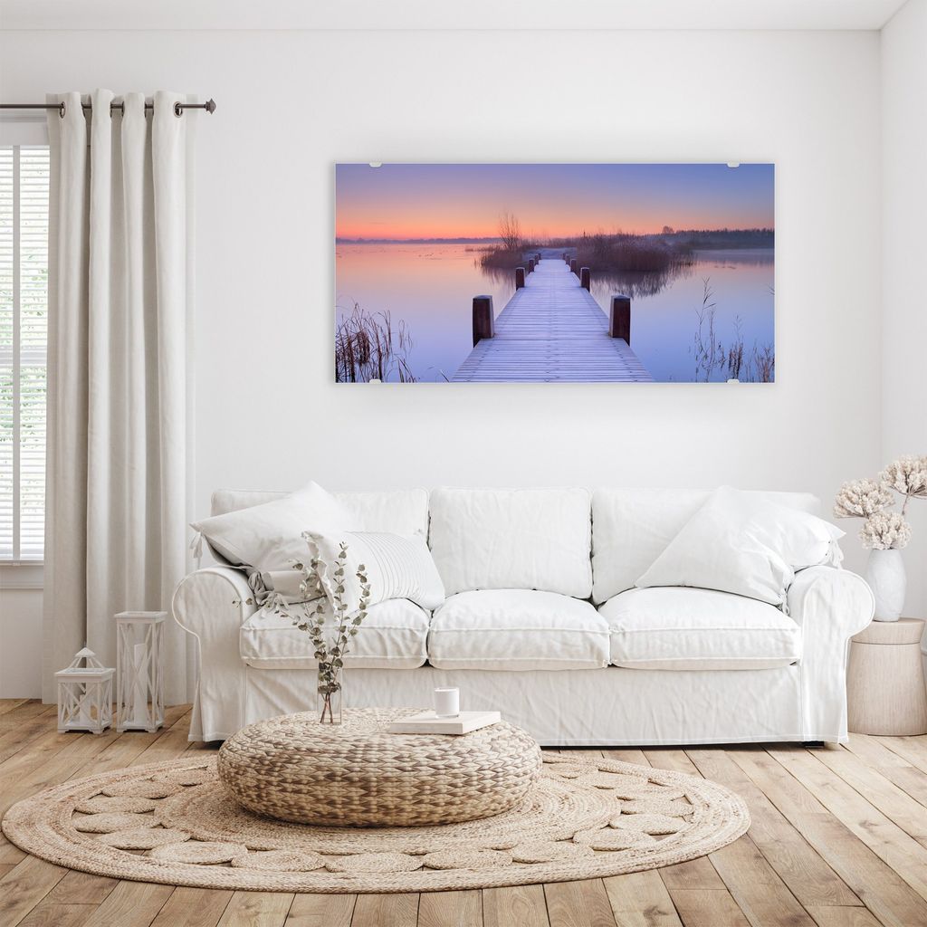 Glasbild Wandbild Sonnenaufgang an Promenade 80x40cm in XXL für Wohnzimmer, Schlafzimmer, Badezimmer, Flur