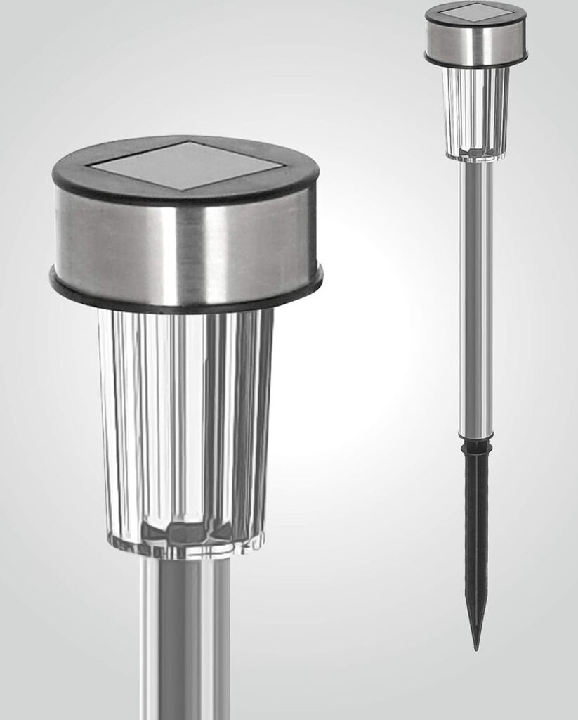 Two silver LED solar garden stakes against a light gray background. One stake is shown close-up, highlighting its solar panel and textured glass shade. The other stake is shown full-length, demonstrating its stake base.