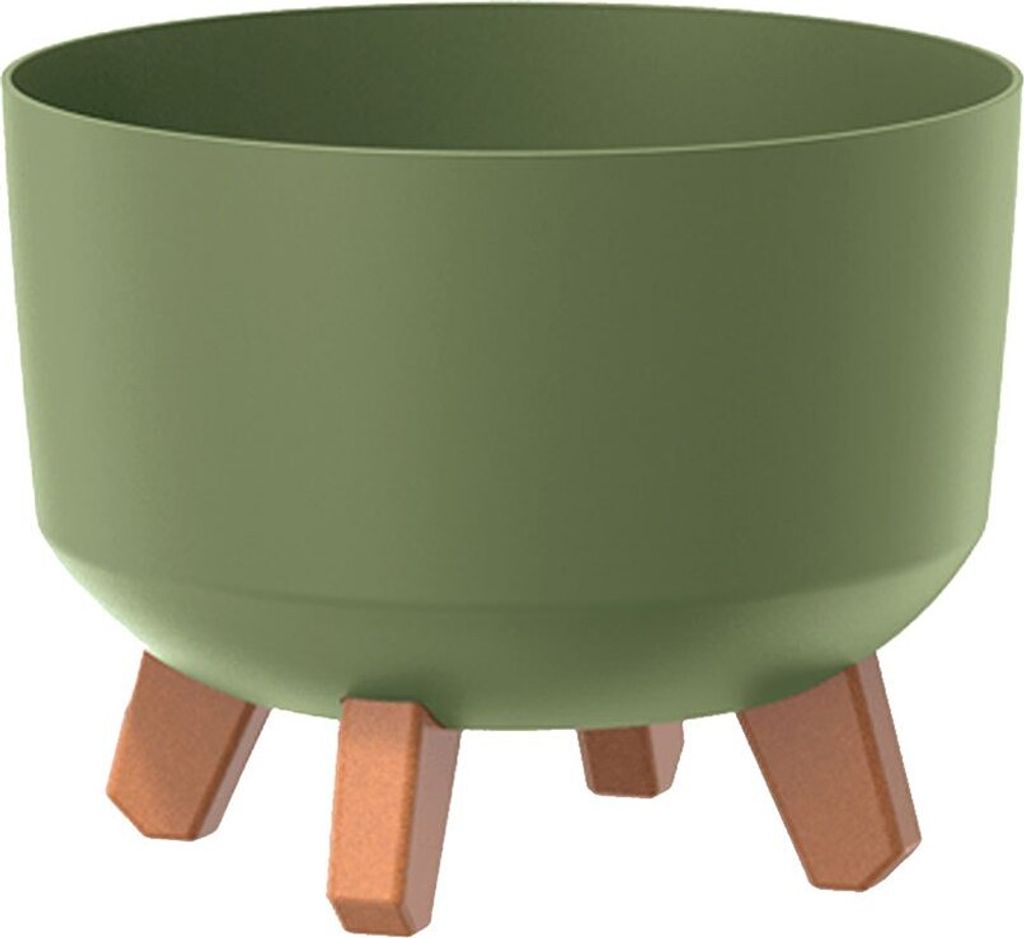 A green planter pot with three brown legs.